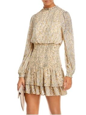 AQUA Dot Long Sleeve Smocked Gold Drop Waist Mini Dress Long Sleeve Size Medium